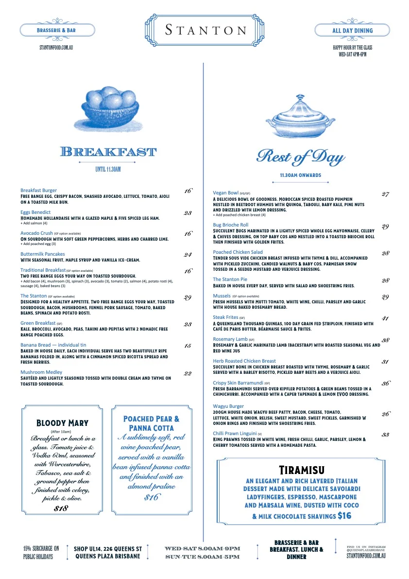 Menu, Stanton Brasserie, Bar & Pizzeria