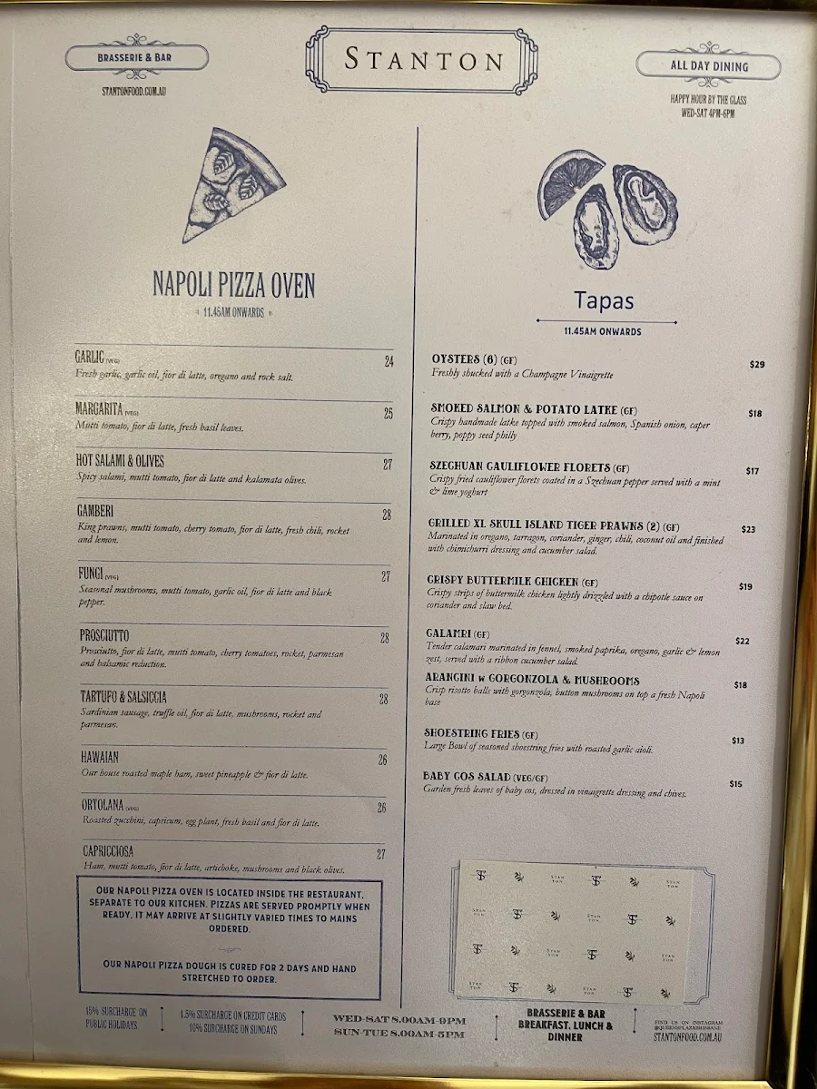 Menu, Stanton Brasserie, Bar & Pizzeria
