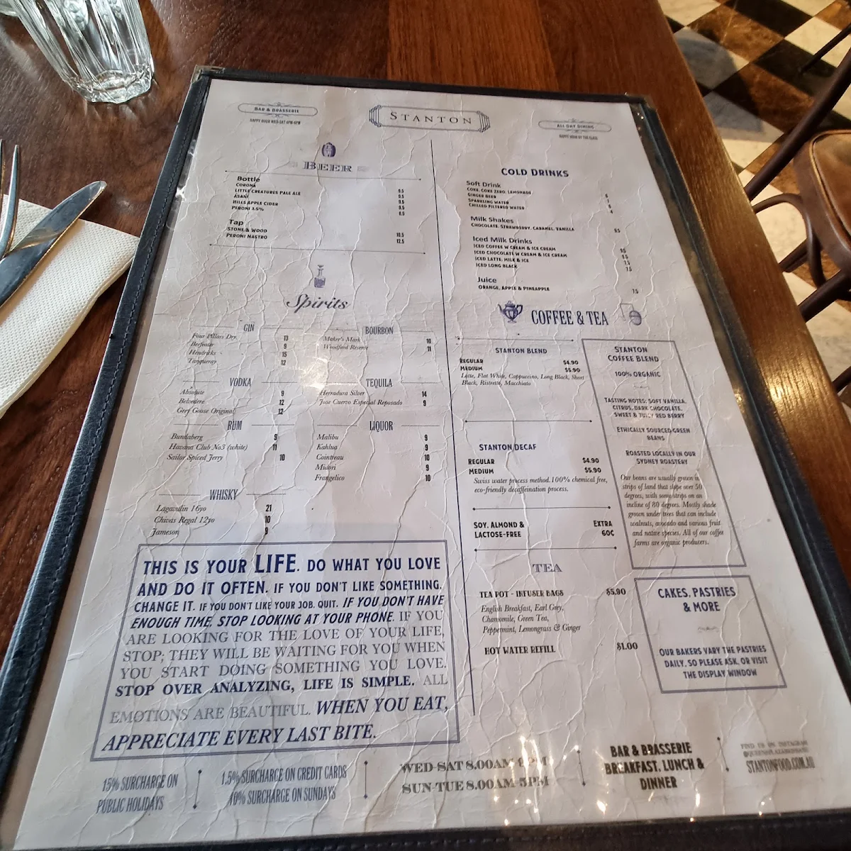 Menu, Stanton Brasserie, Bar & Pizzeria