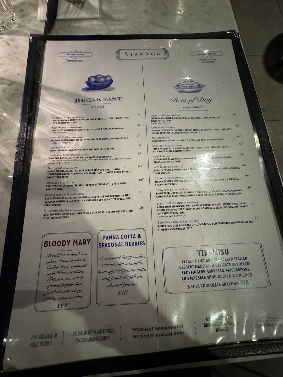 Menu, Stanton Brasserie, Bar & Pizzeria