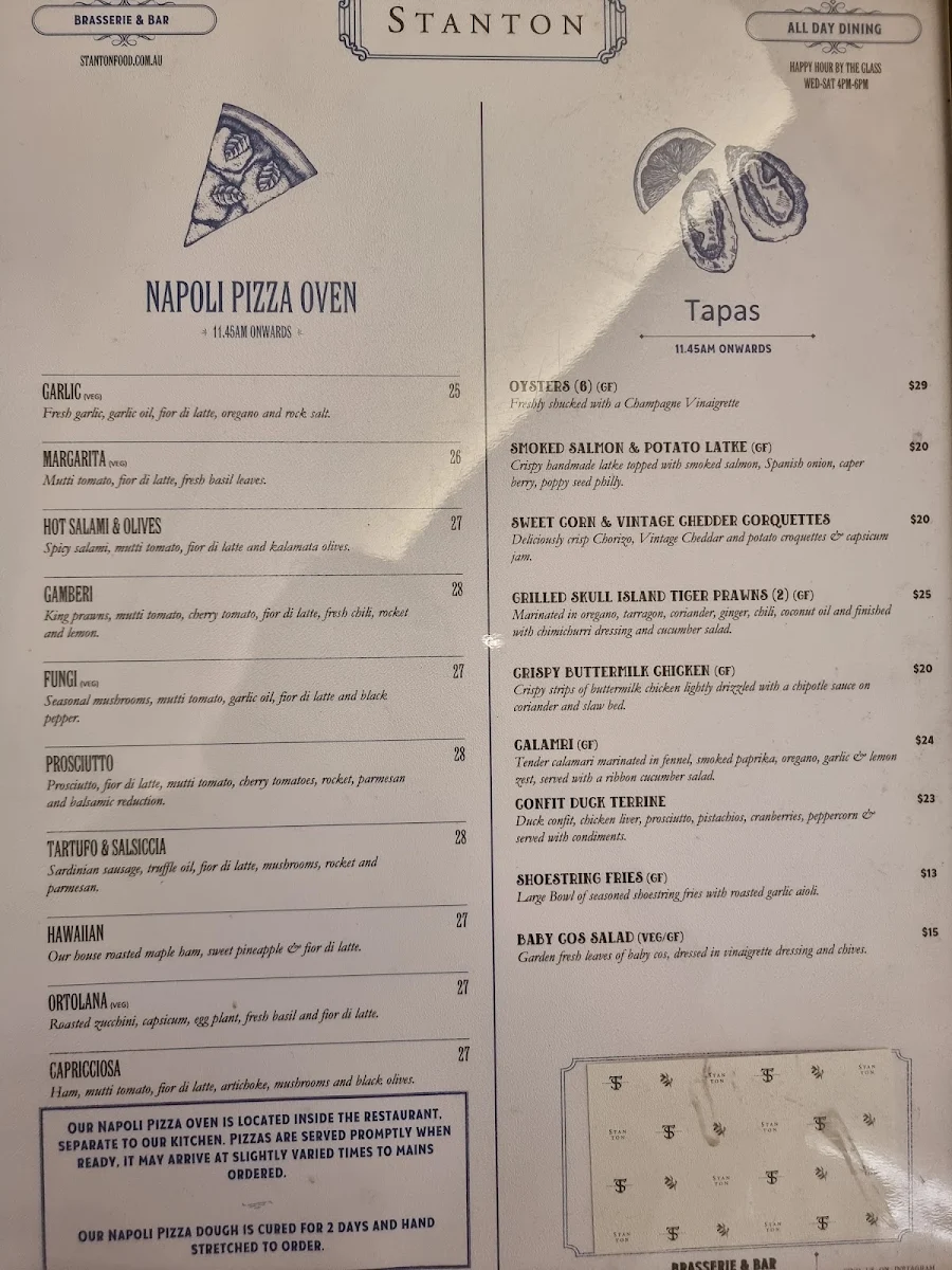 Menu, Stanton Brasserie, Bar & Pizzeria