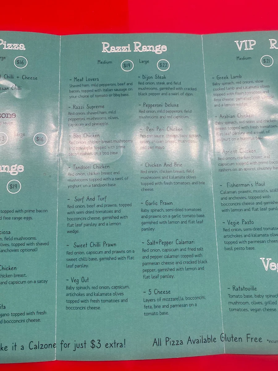 Menu, Pizzarazzi Howrah