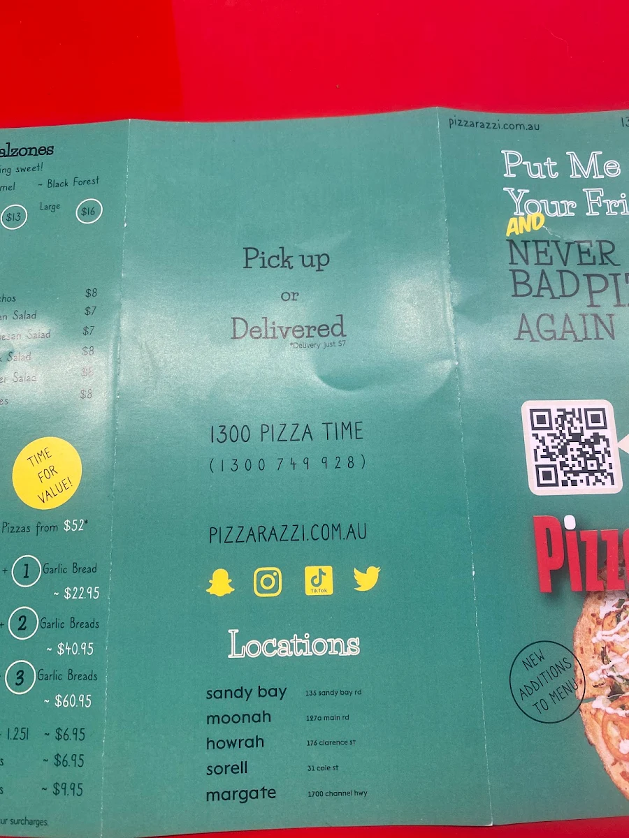 Menu, Pizzarazzi Howrah