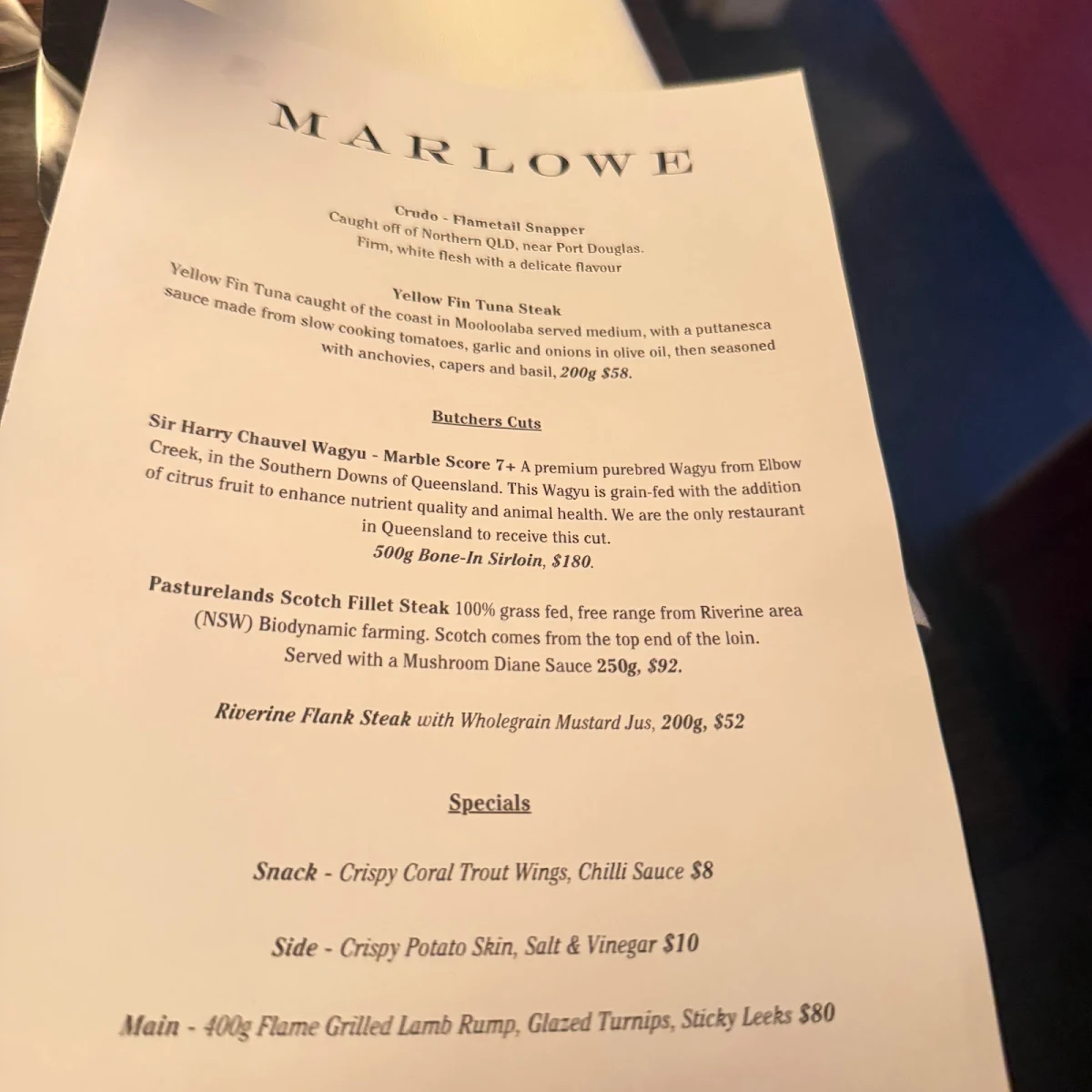 Menu, Marlowe Restaurant