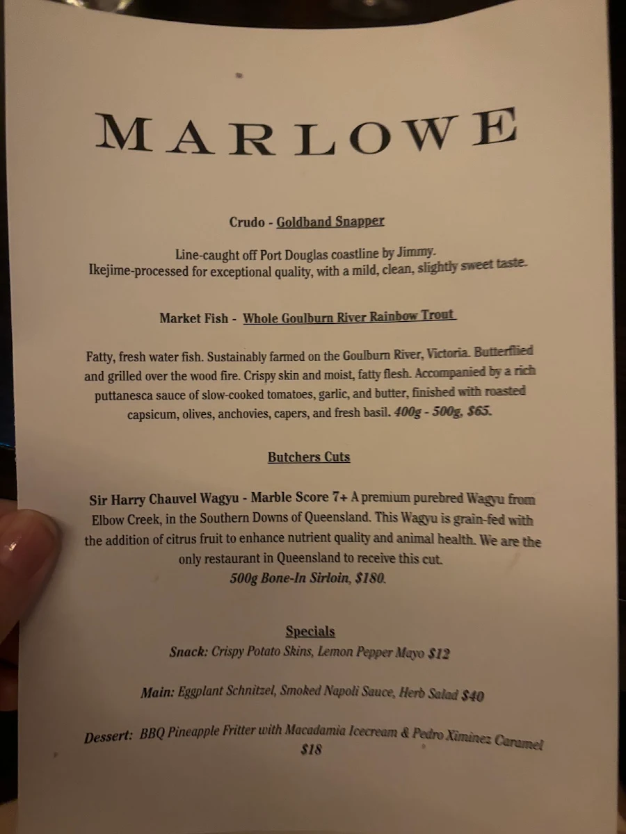 Menu, Marlowe Restaurant