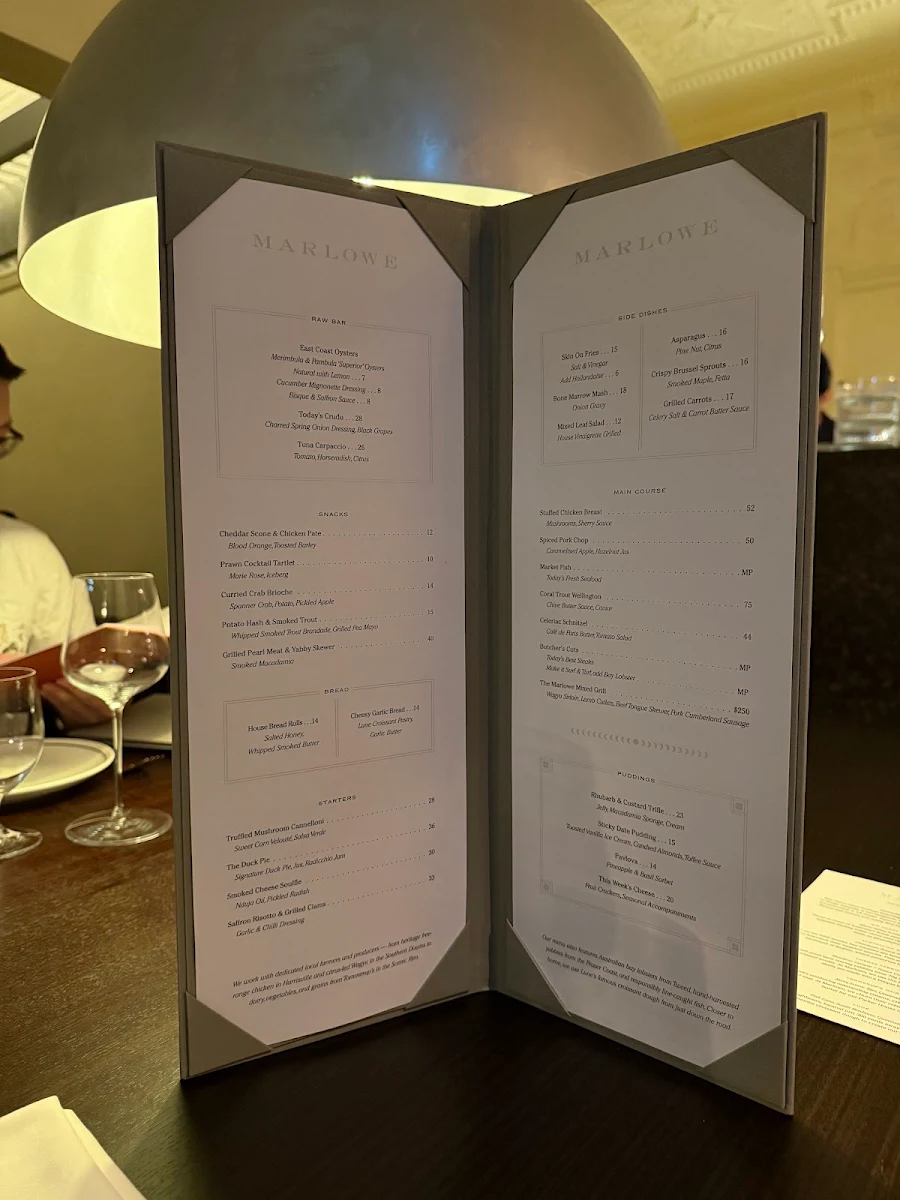 Menu, Marlowe Restaurant