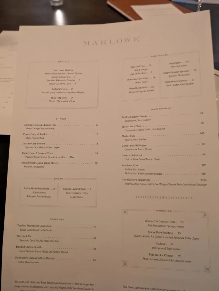 Menu, Marlowe Restaurant