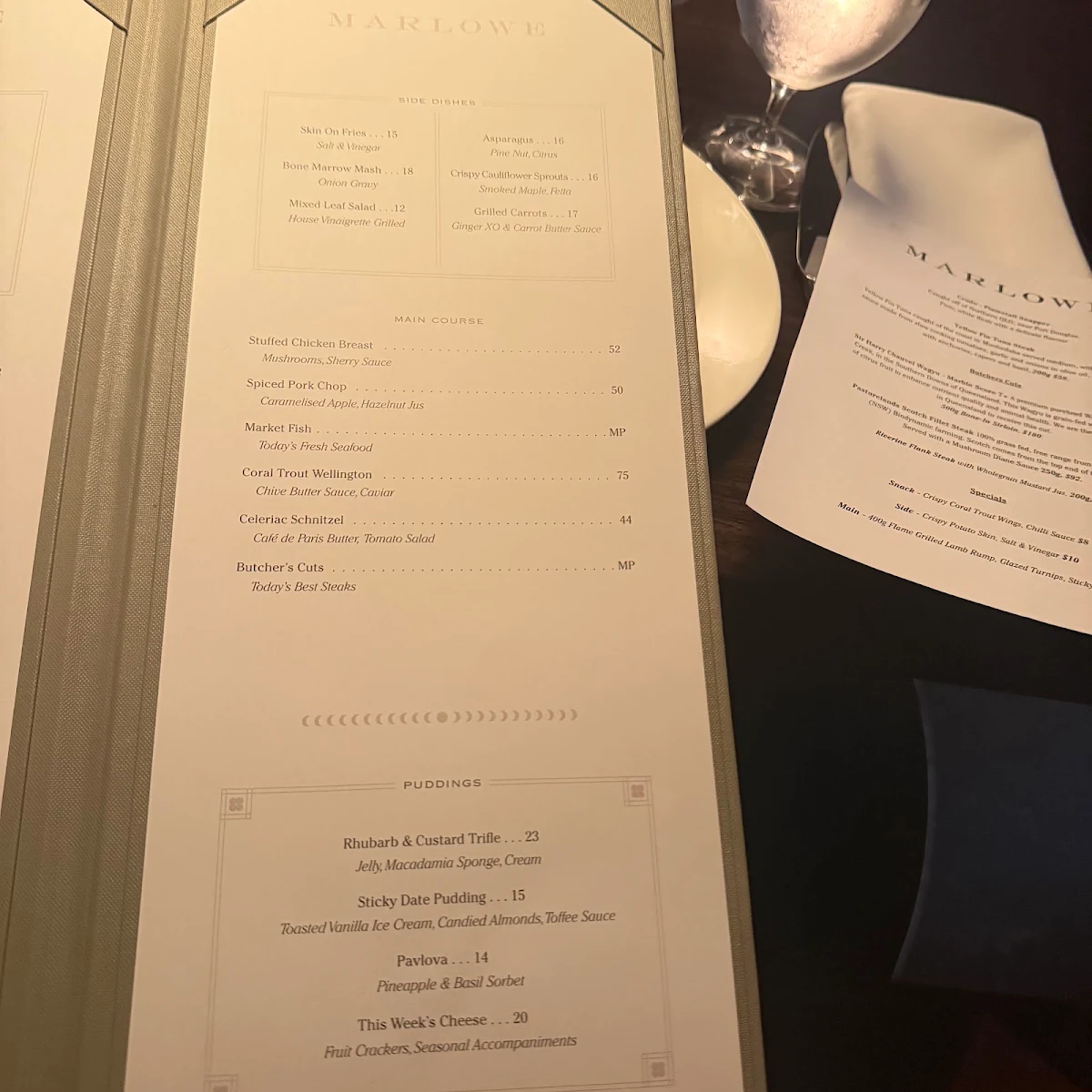 Menu, Marlowe Restaurant