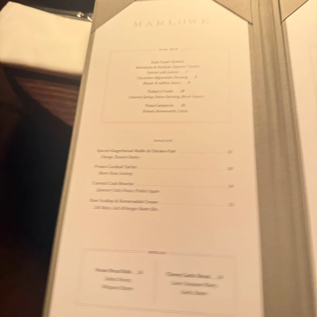 Menu, Marlowe Restaurant