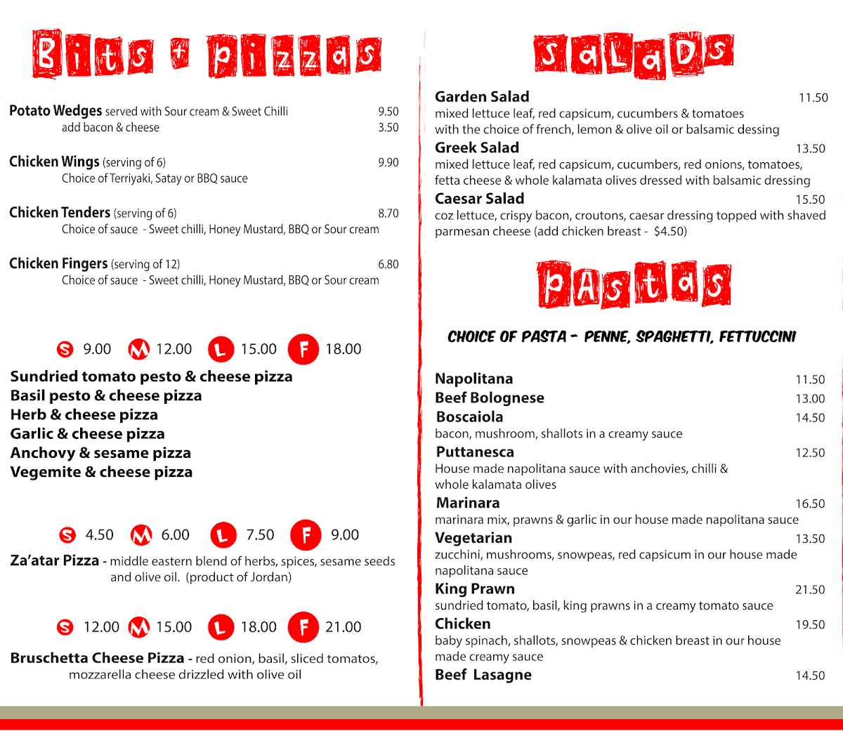 Menu, Johnny's Pizza & Pasta