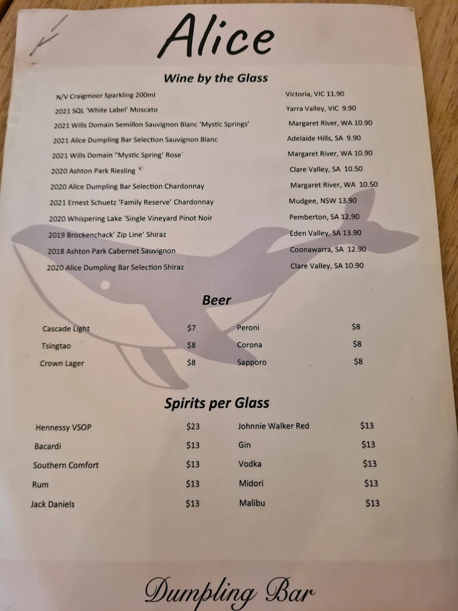 Menu, Alice Dumpling Bar