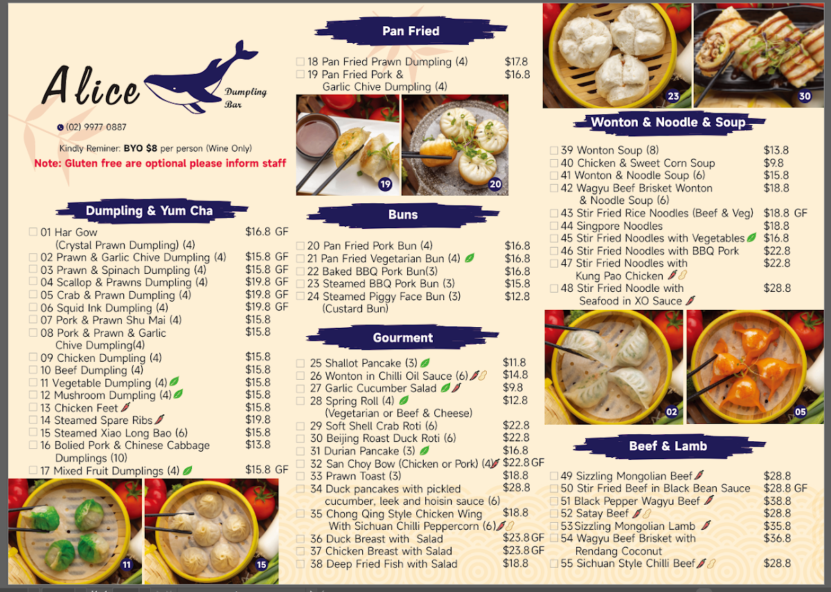 Menu, Alice Dumpling Bar