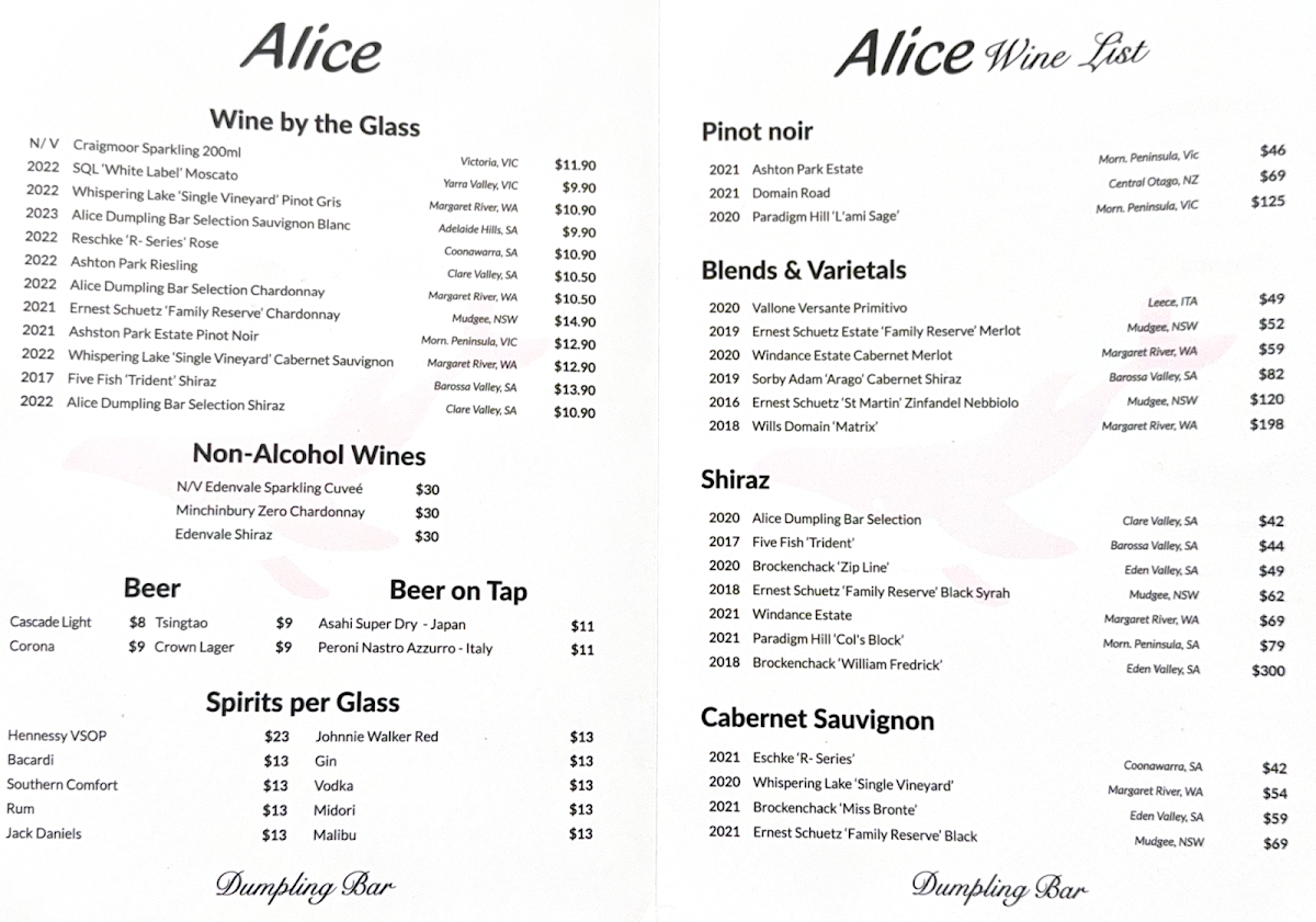 Menu, Alice Dumpling Bar