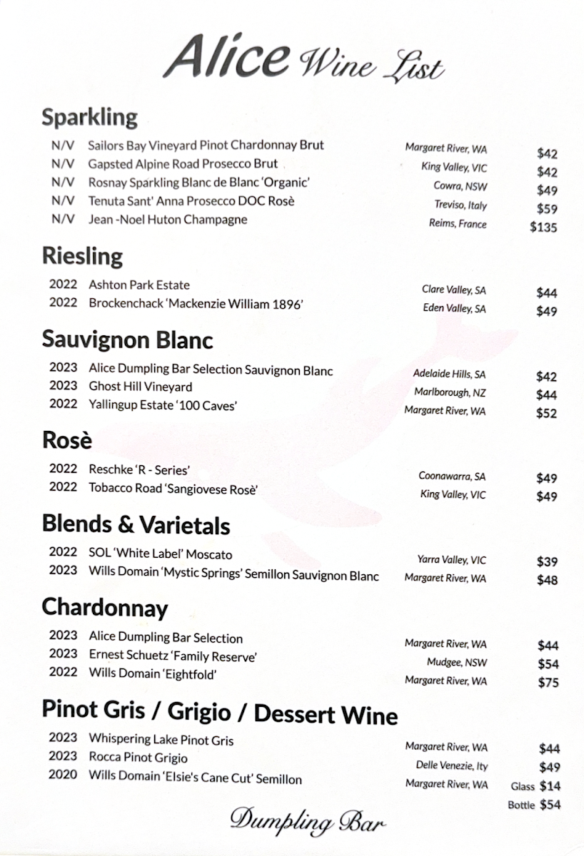 Menu, Alice Dumpling Bar