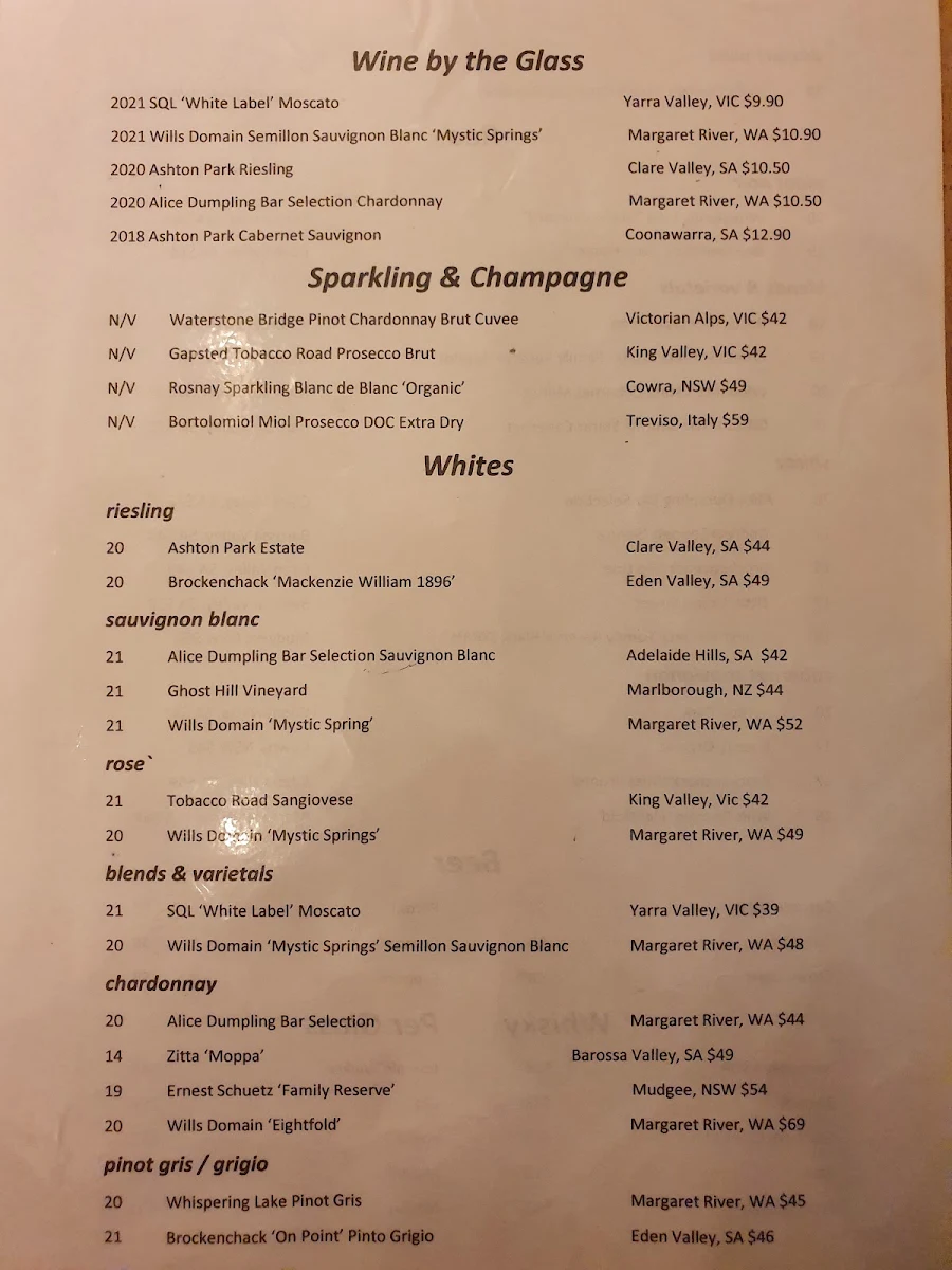 Menu, Alice Dumpling Bar