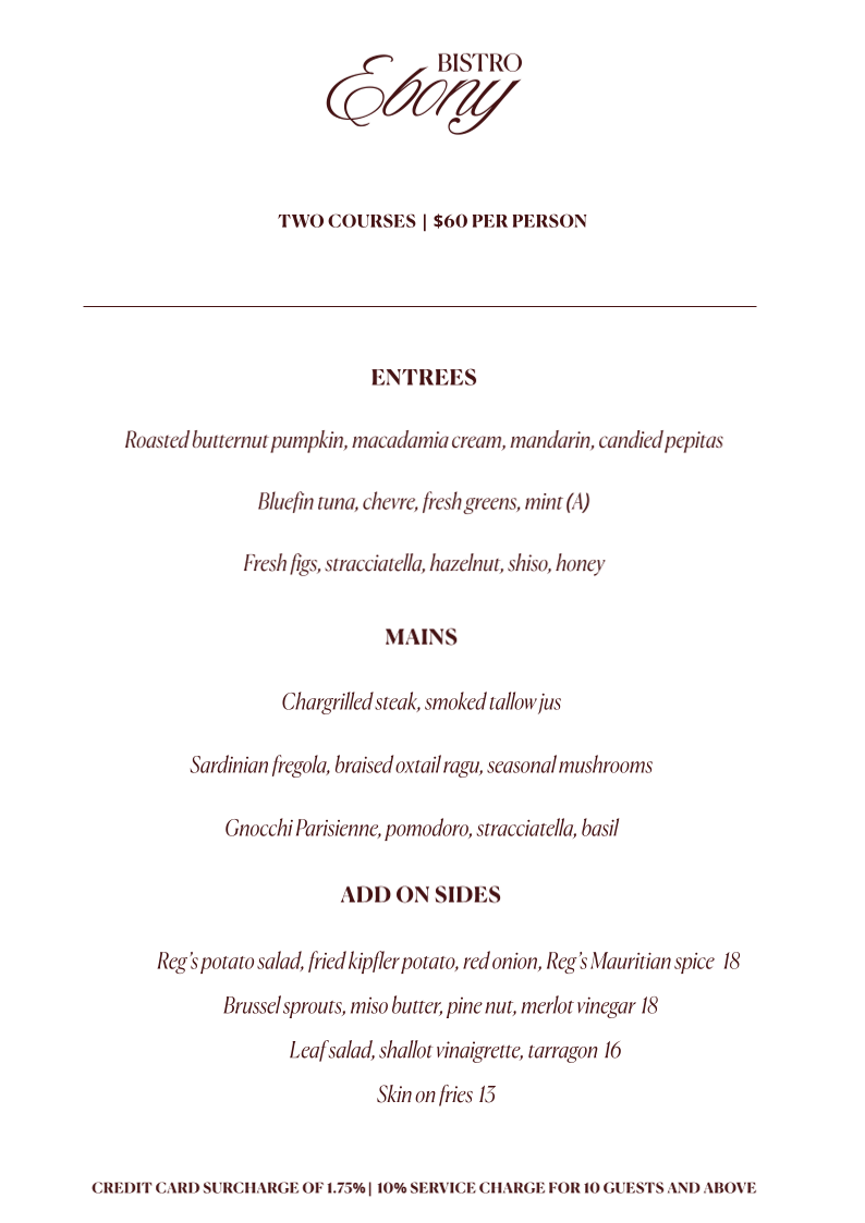 Menu, Bistro Ebony