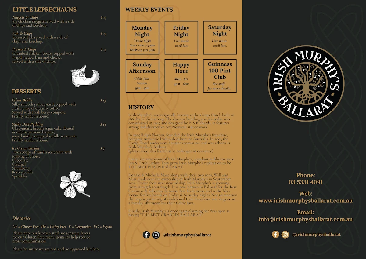 Menu, Irish Murphy's