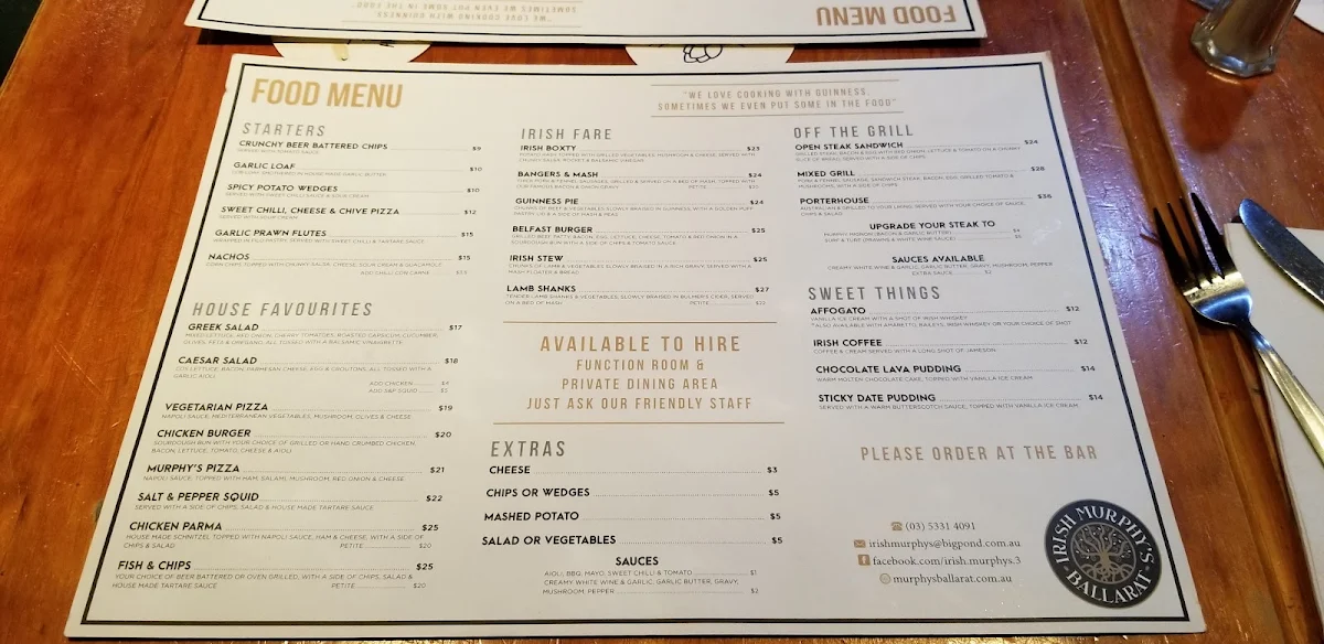 Menu, Irish Murphy's