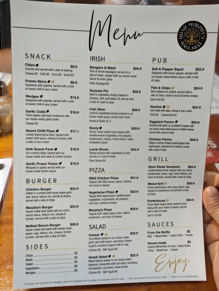 Menu, Irish Murphy's