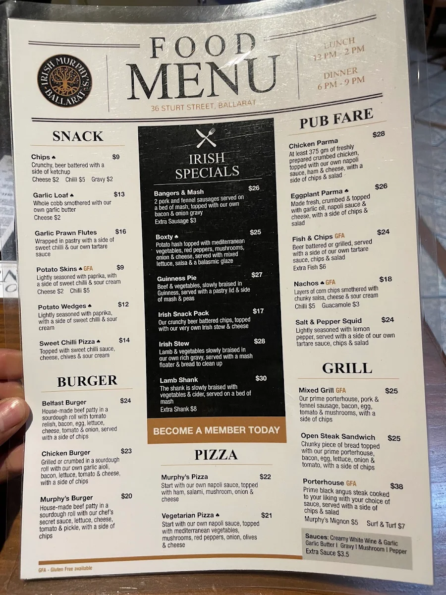 Menu, Irish Murphy's