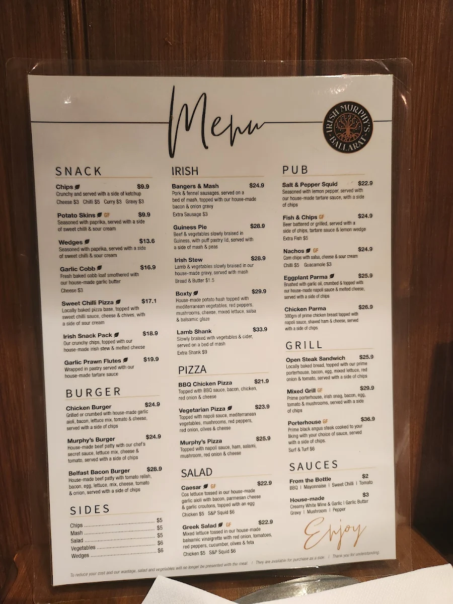 Menu, Irish Murphy's