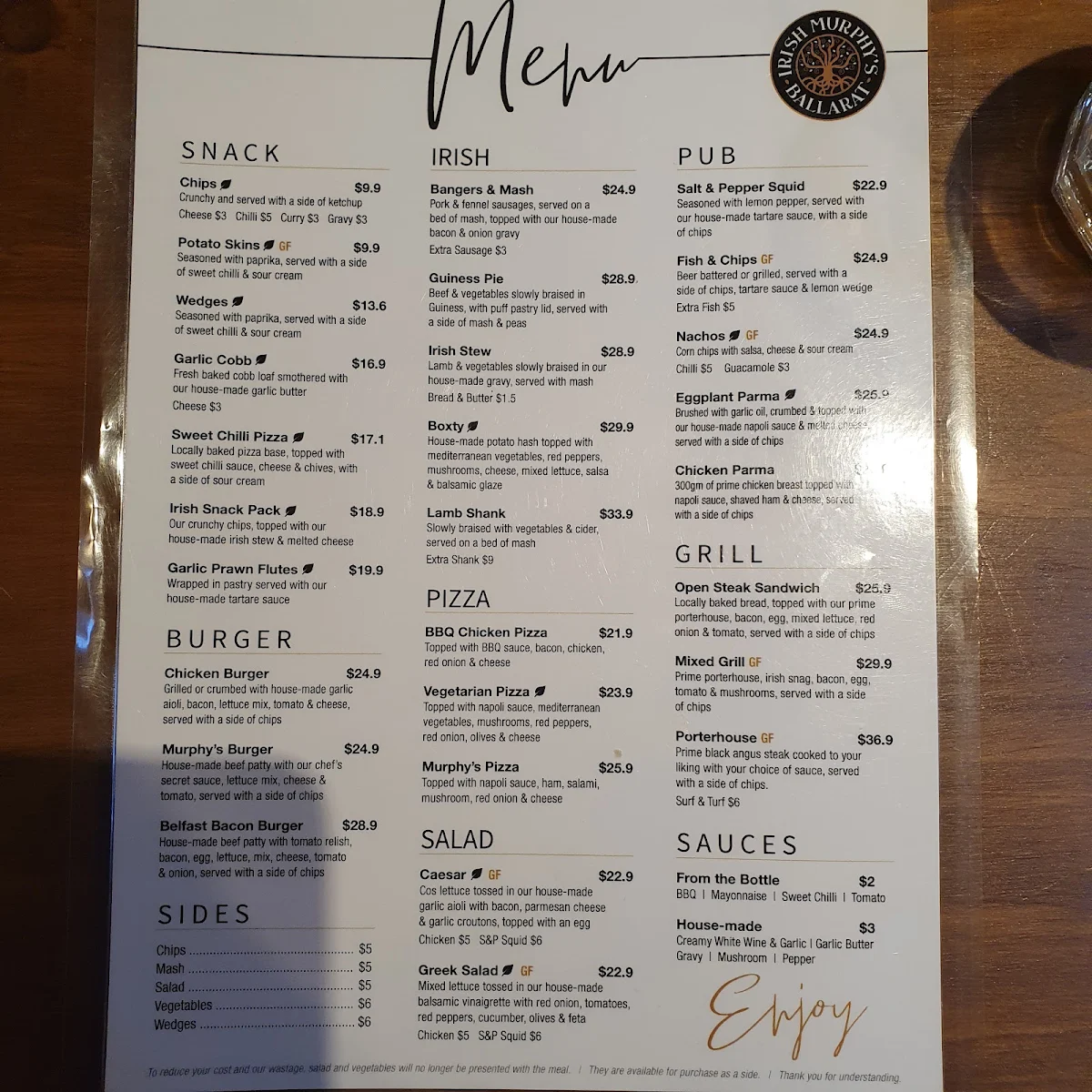 Menu, Irish Murphy's