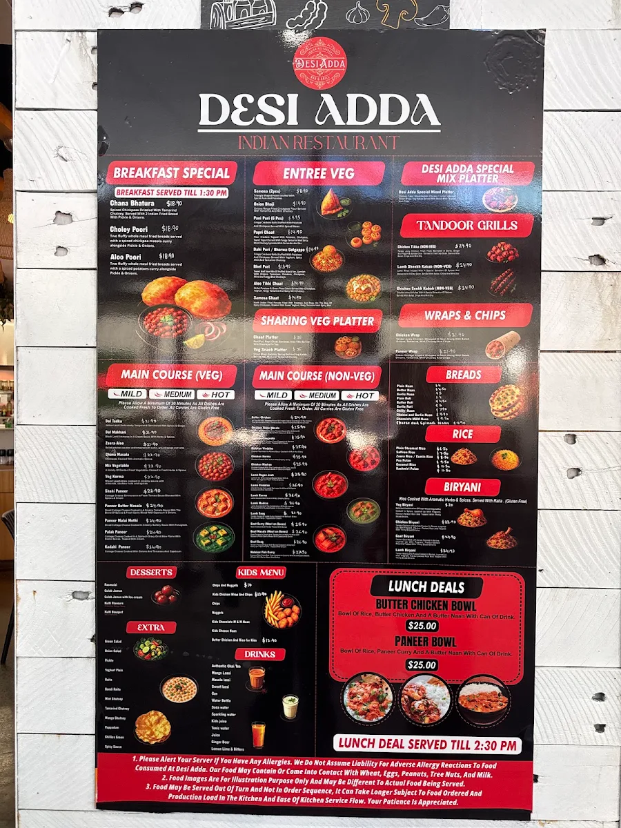 Menu, Desi Adda Indian Restaurant, Surfers Paradise