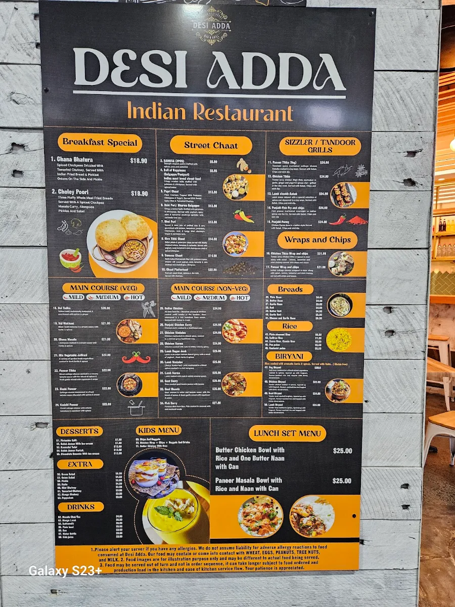 Menu, Desi Adda Indian Restaurant, Surfers Paradise