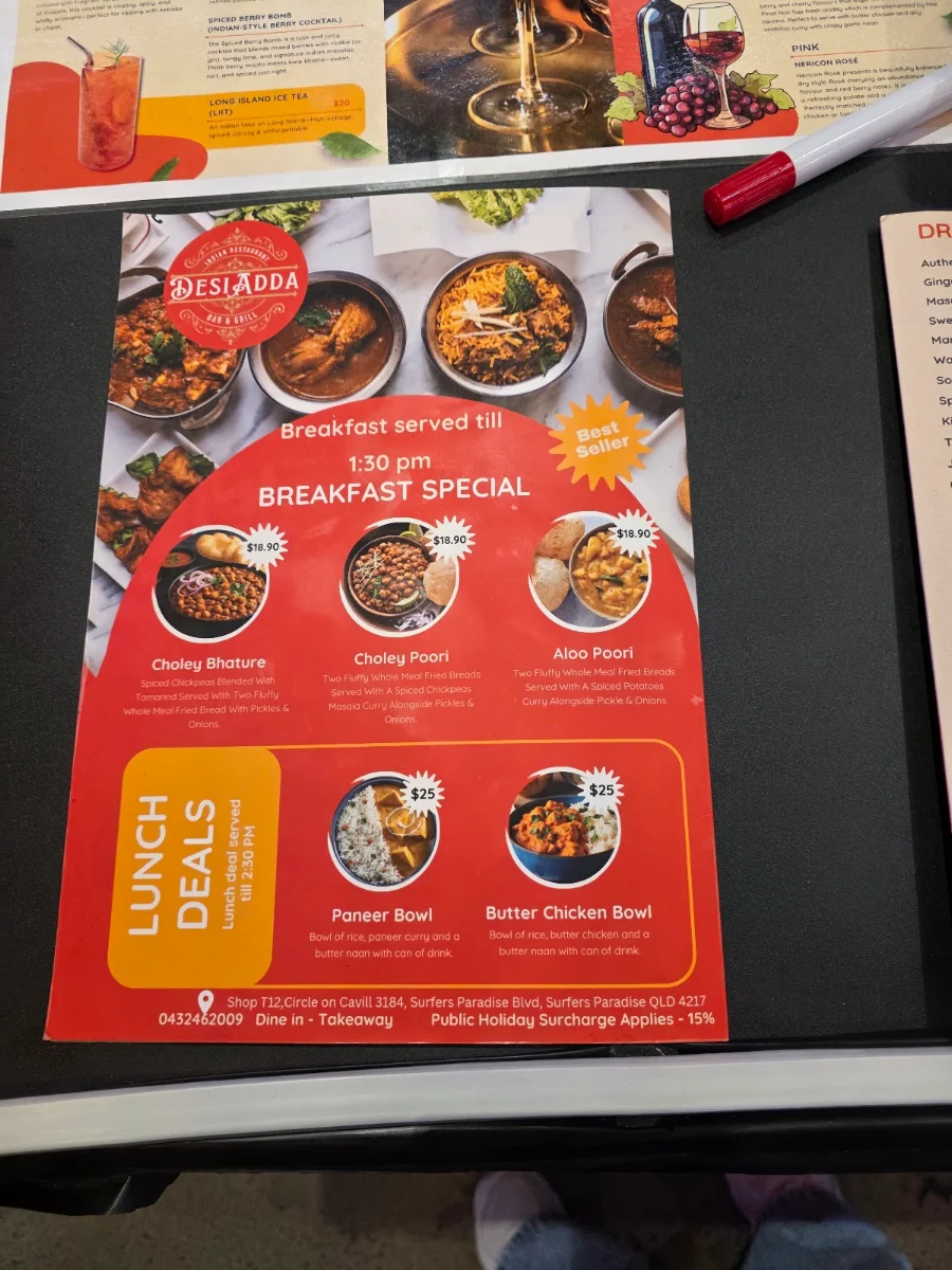 Menu, Desi Adda Indian Restaurant, Surfers Paradise
