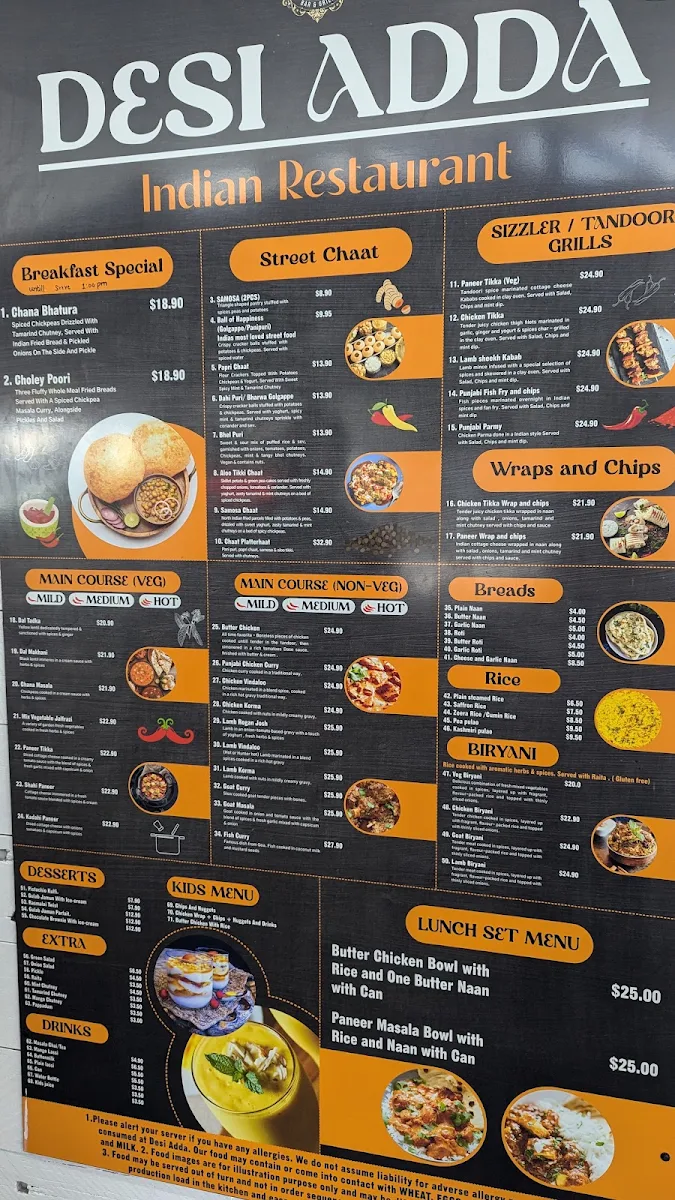 Menu, Desi Adda Indian Restaurant, Surfers Paradise