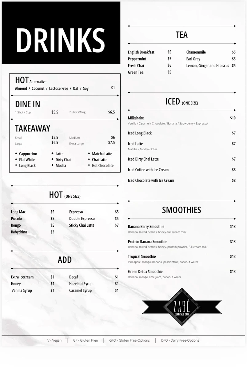 Menu, Zabé Espresso Bar
