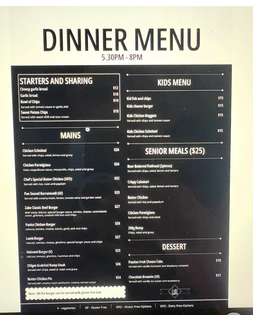 Menu, Zabé Espresso Bar