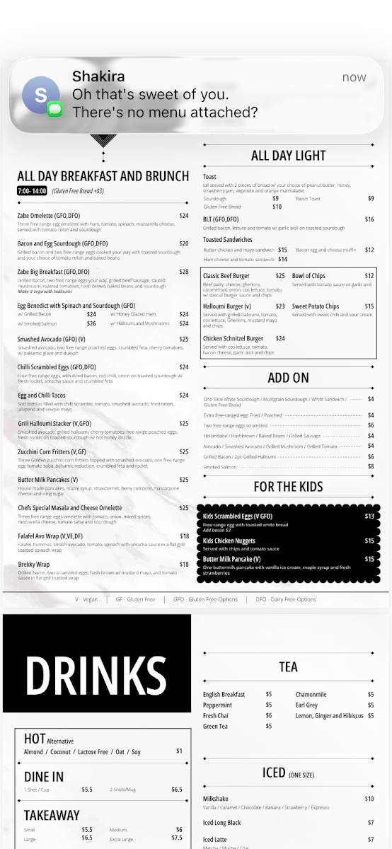 Menu, Zabé Espresso Bar