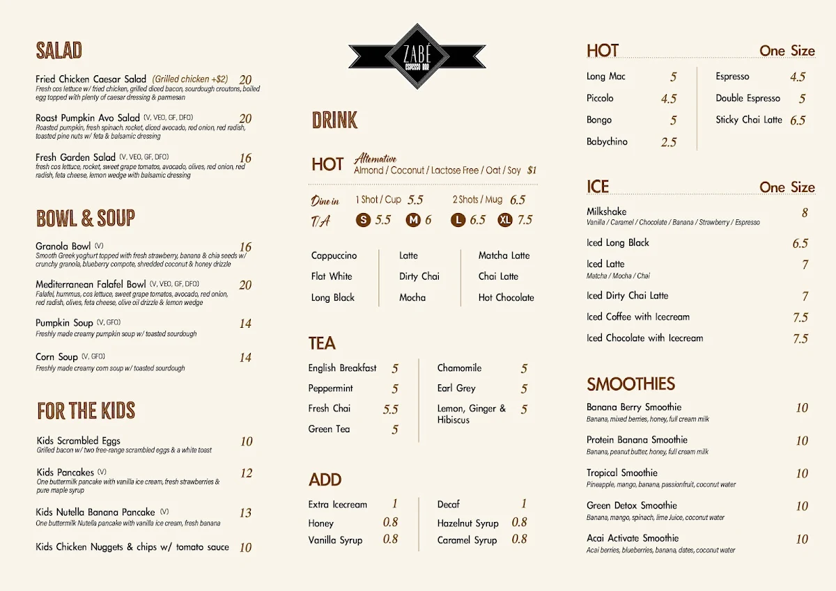 Menu, Zabé Espresso Bar