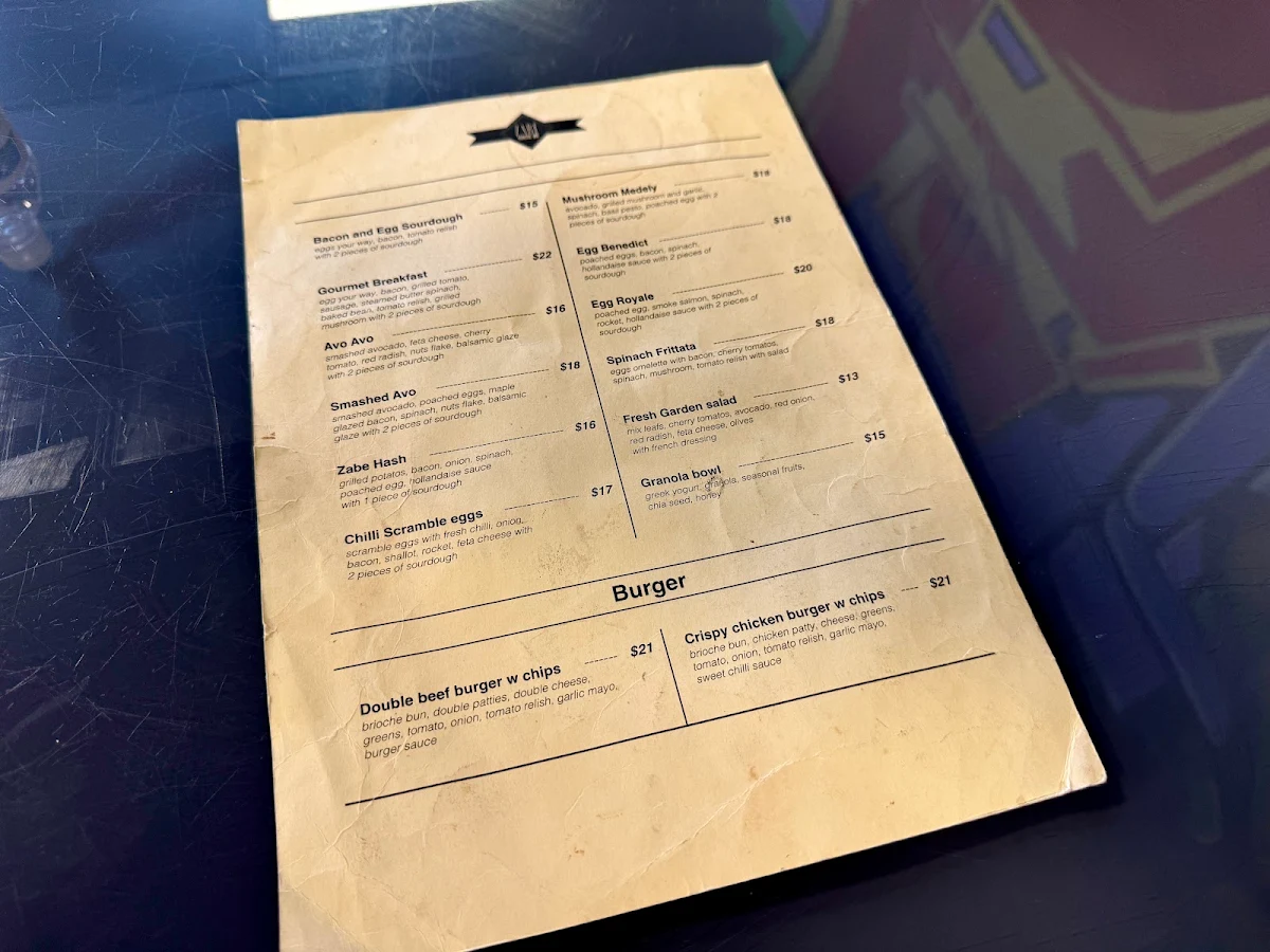 Menu, Zabé Espresso Bar