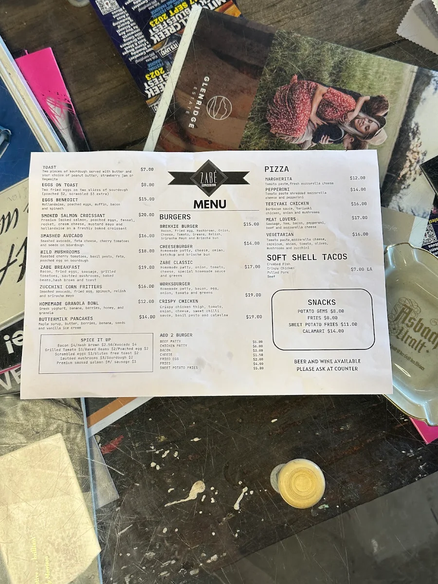 Menu, Zabé Espresso Bar