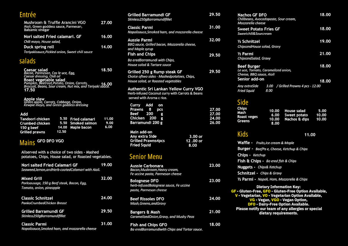 Menu, Shamali's Cafe & Bistro