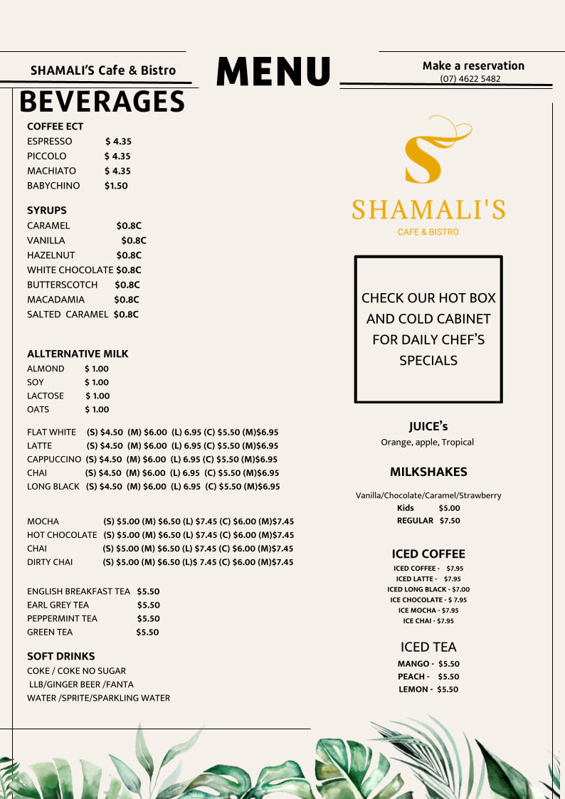 Menu, Shamali's Cafe & Bistro