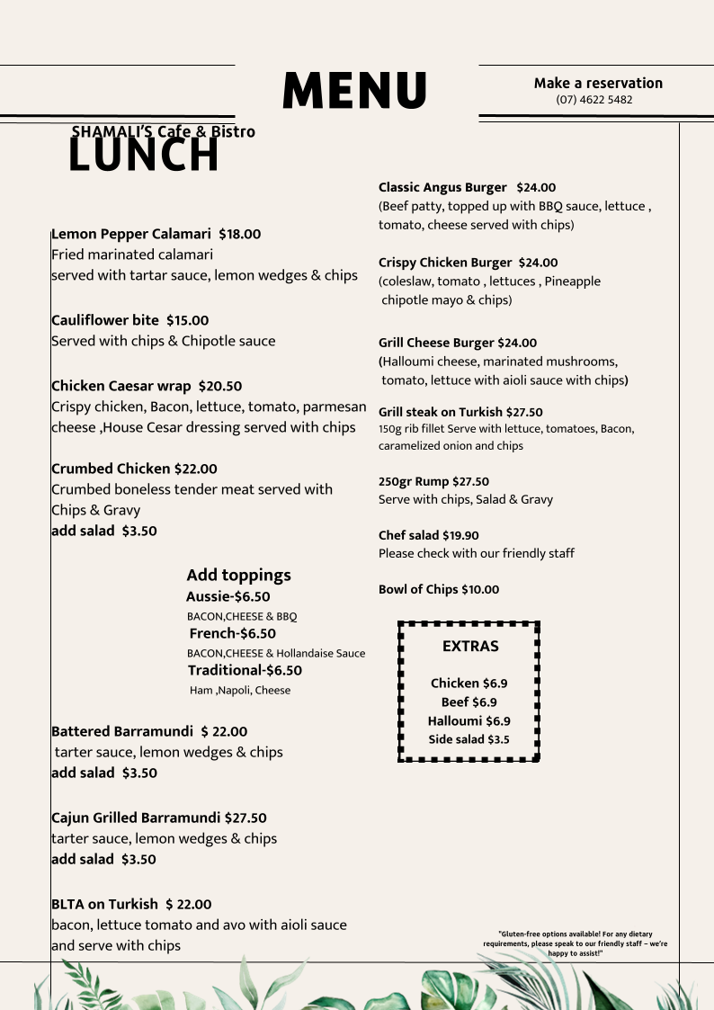 Menu, Shamali's Cafe & Bistro