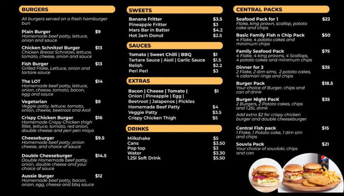Menu, Central Fish and chips