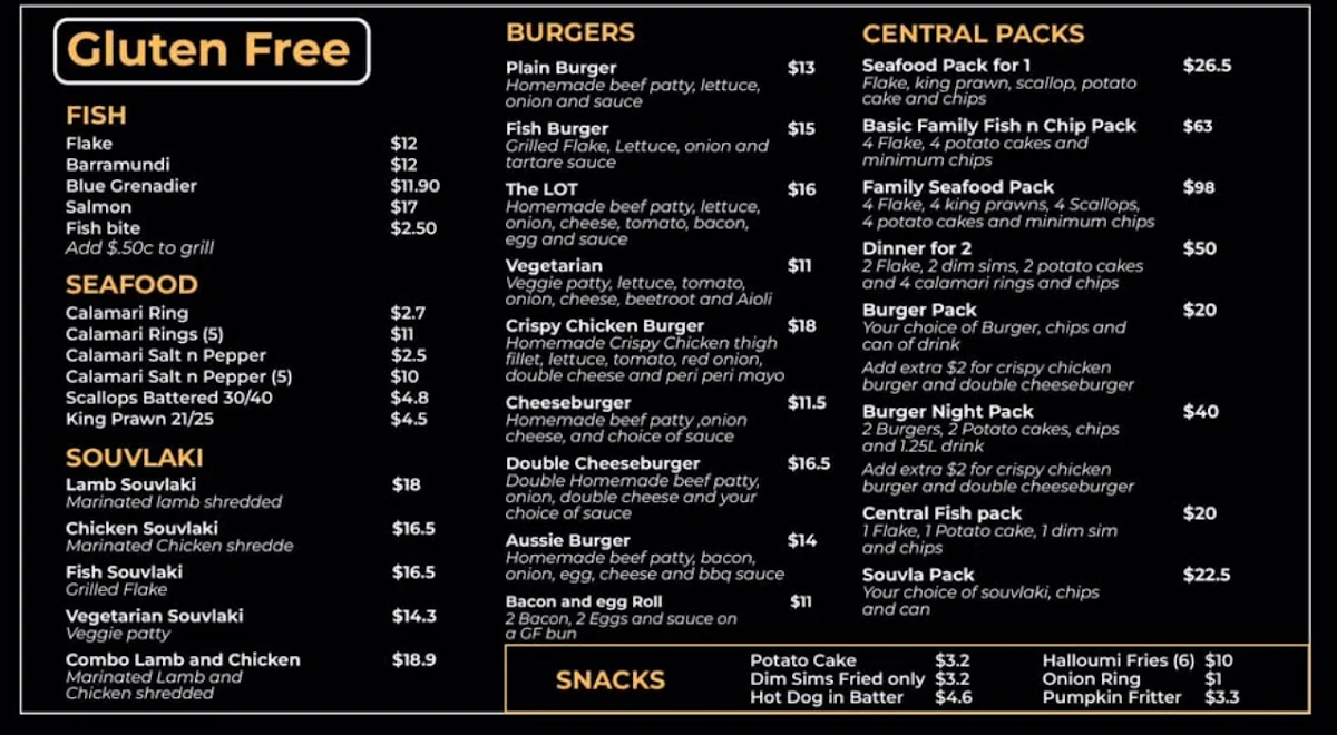 Menu, Central Fish and chips