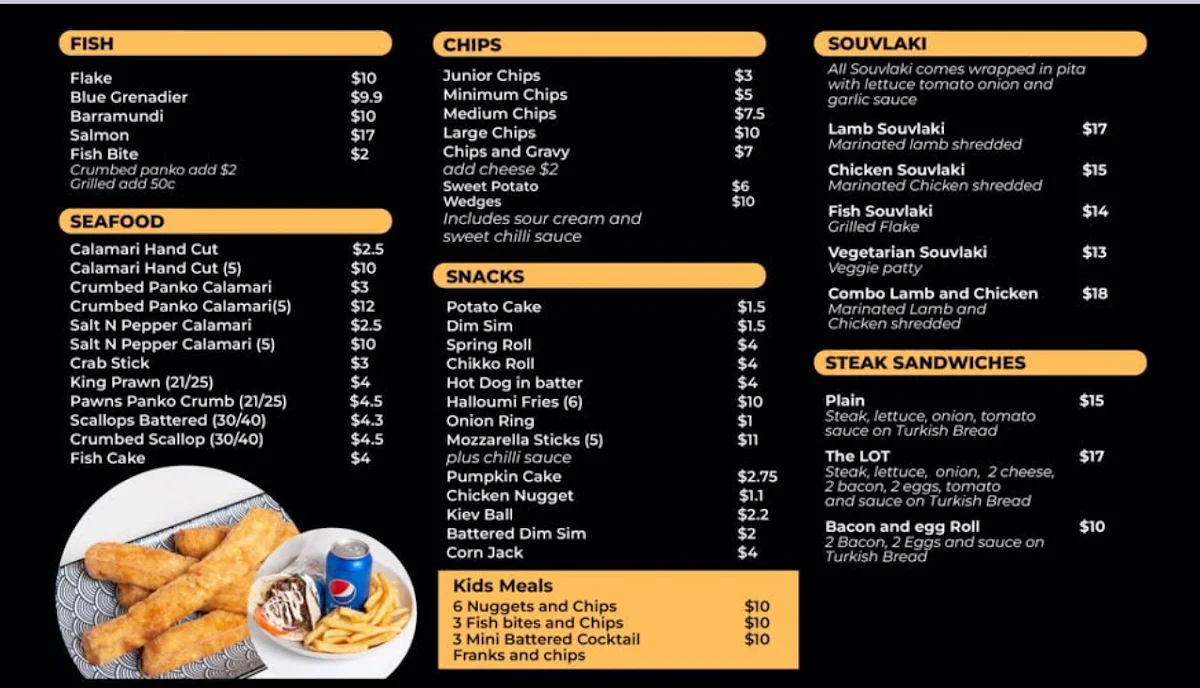 Menu, Central Fish and chips