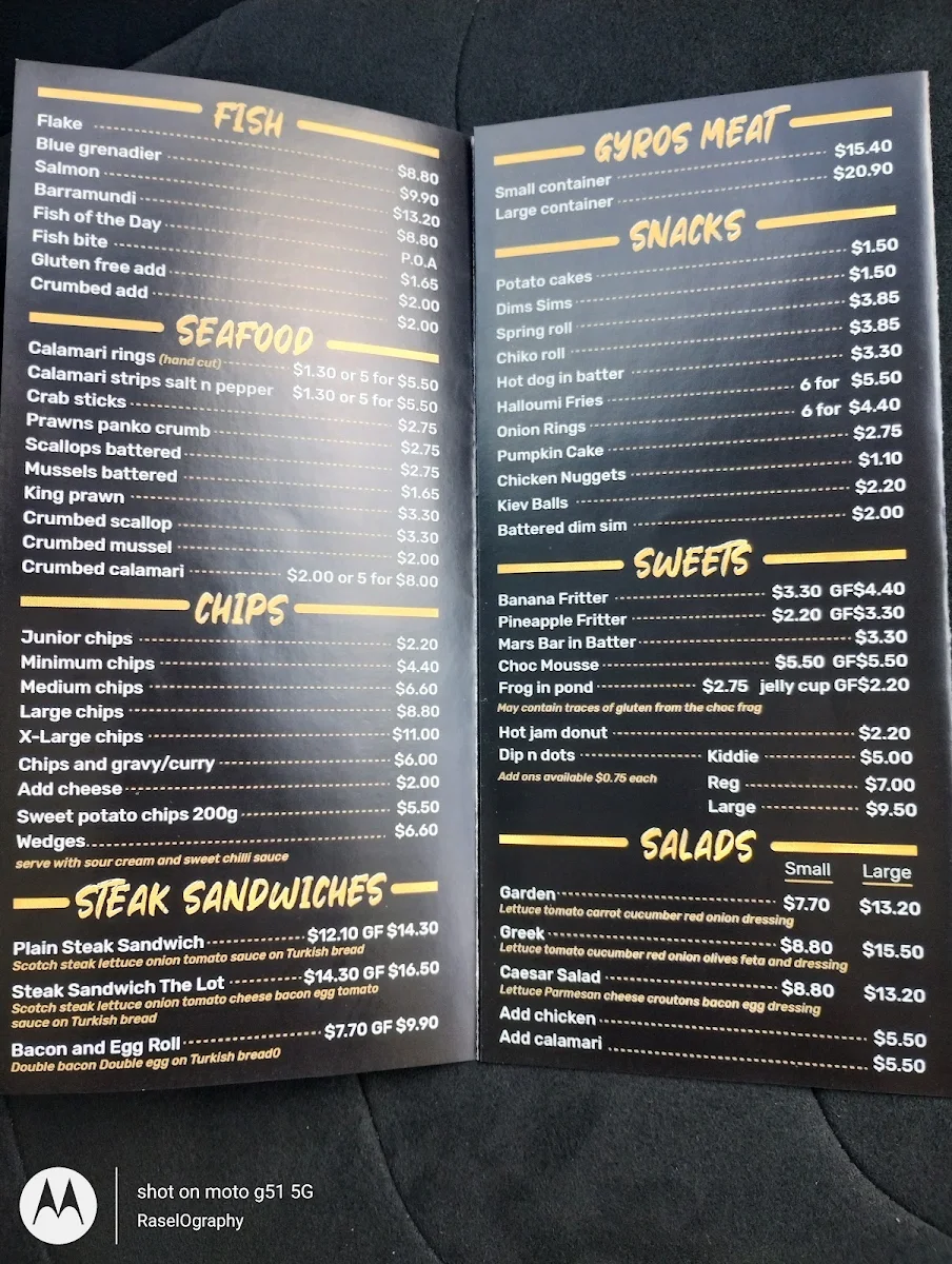 Menu, Central Fish and chips