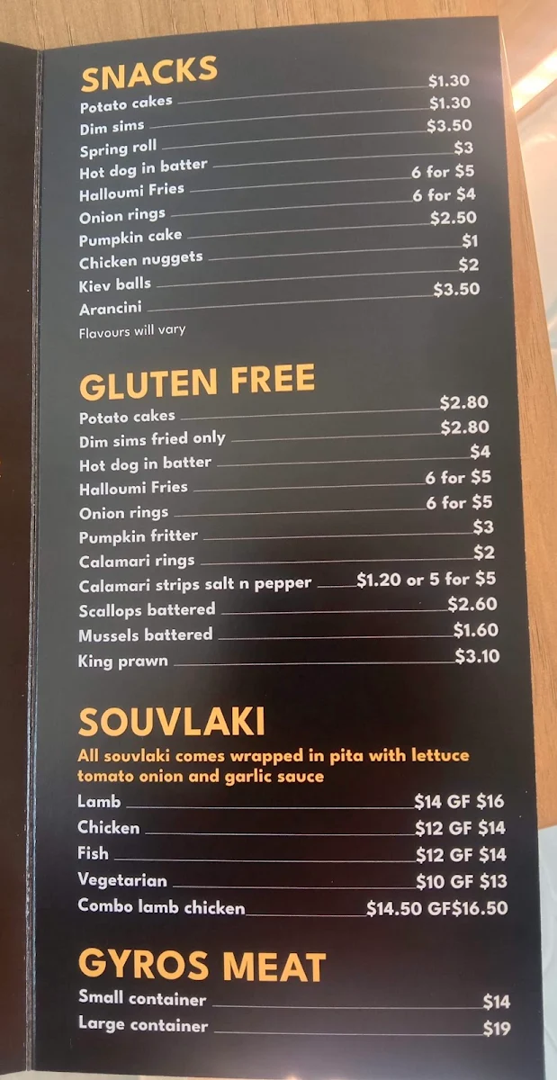Menu, Central Fish and chips