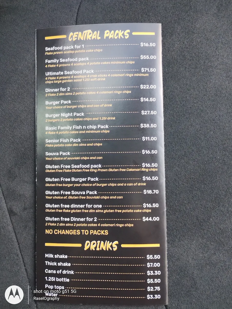 Menu, Central Fish and chips