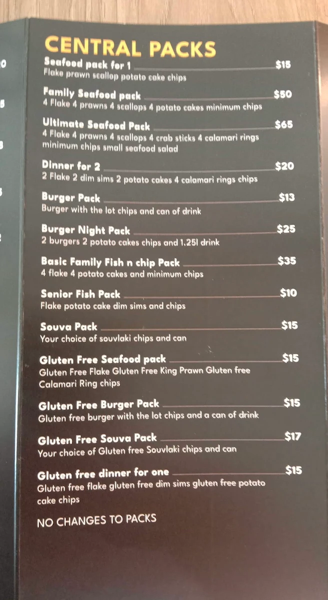 Menu, Central Fish and chips