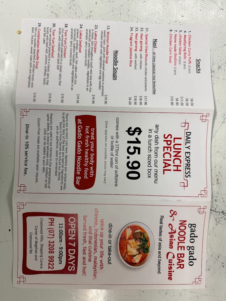 Menu, Gaado Gaado Noodle Bar