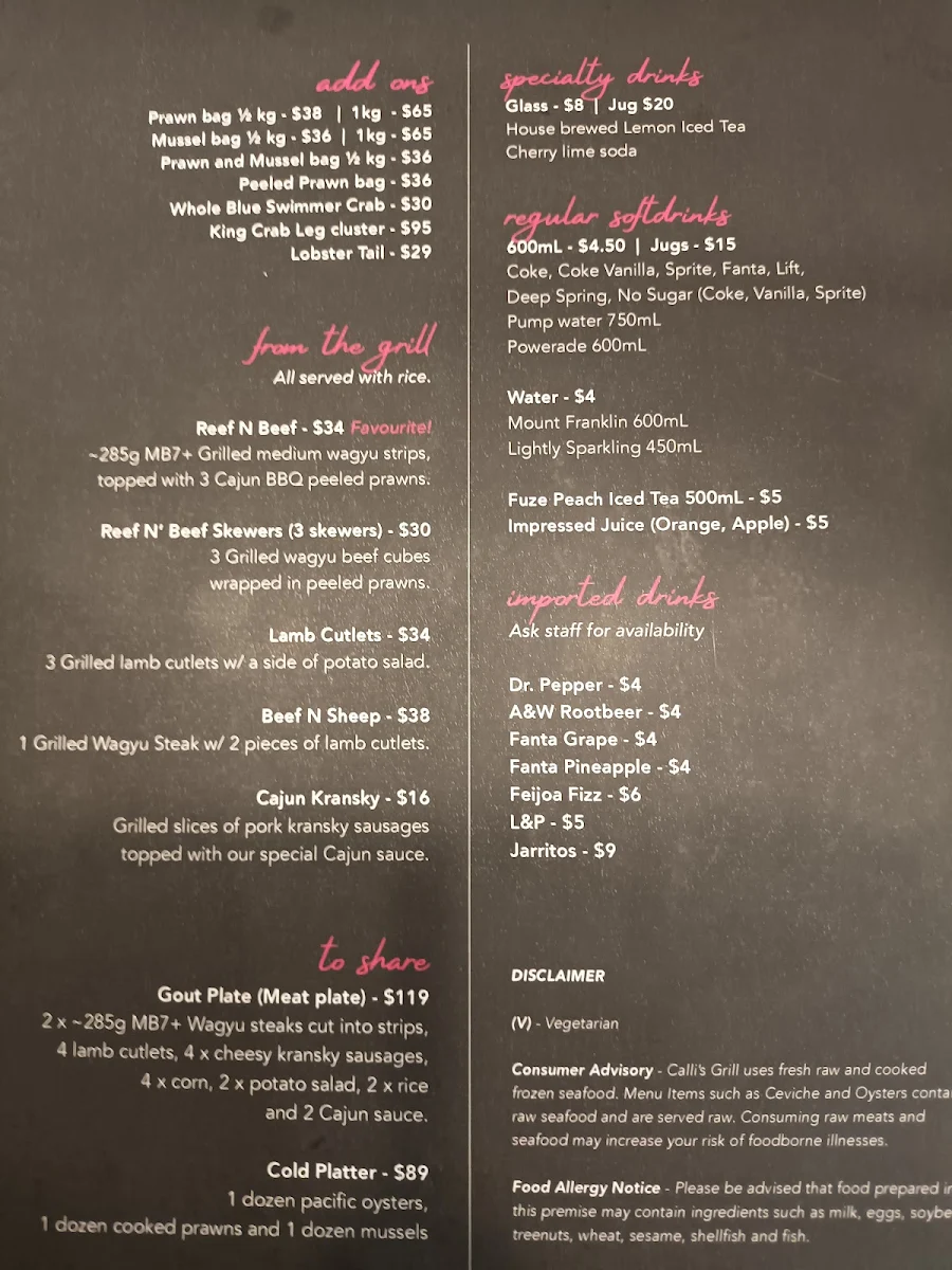 Menu, Calli’s Grill