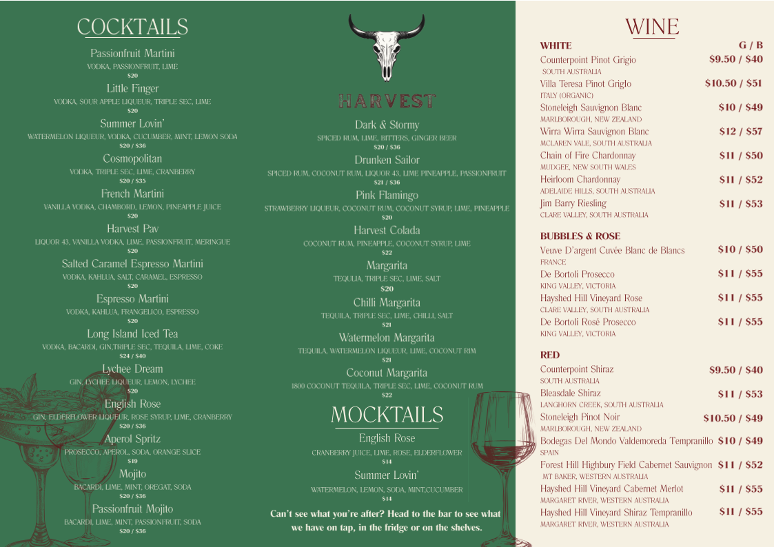 Menu, Harvest Milton