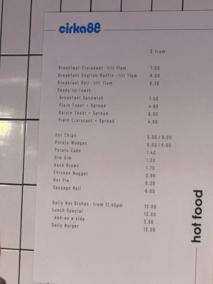 Menu, Box Hill Institute Cafeteria